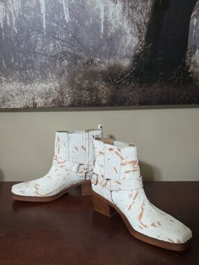 Sam Edelman - White and Tan Speckle Ankle Boots with Western Harness Detail